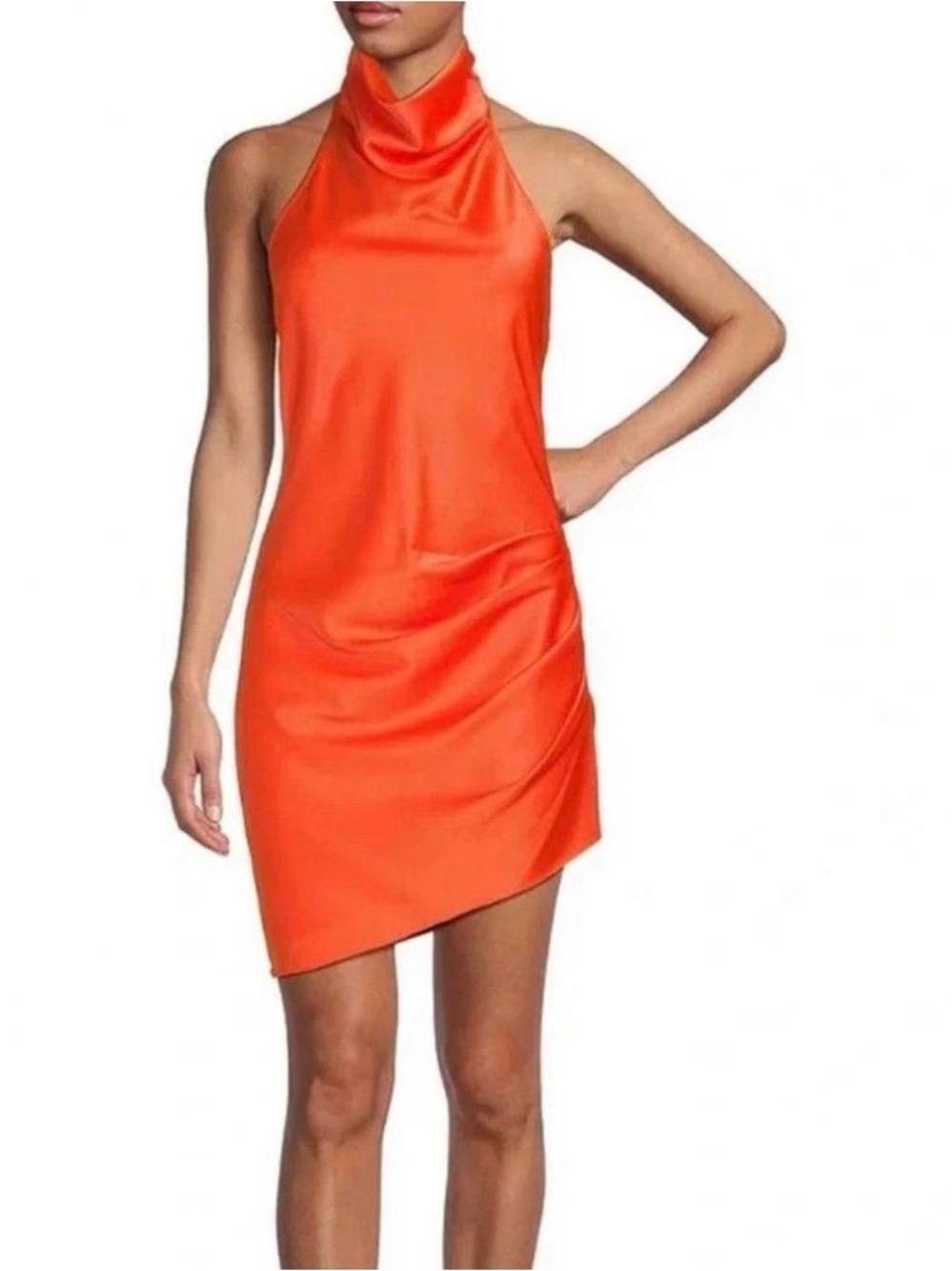 Gianni Bini Ruched Satin Cowl Halter Neck Sleeveless Open Back Detail Mini Dress